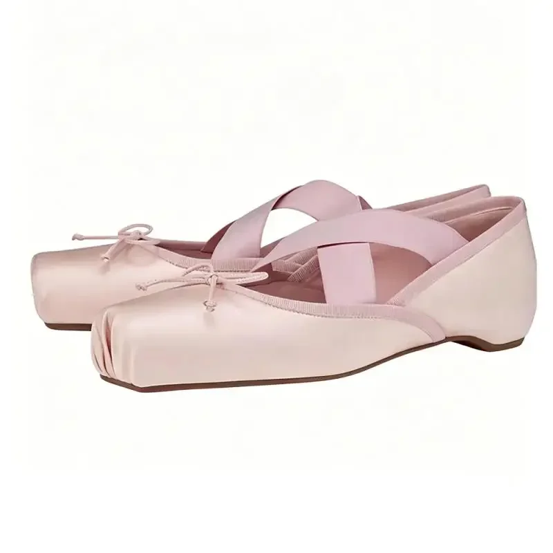 Rosa Satin-Ballerinas mit Kreuzriemen und eckiger Zehenpartie, Schleifendekor, Slip-on, elegant, für Frühling/Sommer, Alltag, Hochzeit, bequeme Damenschuhe