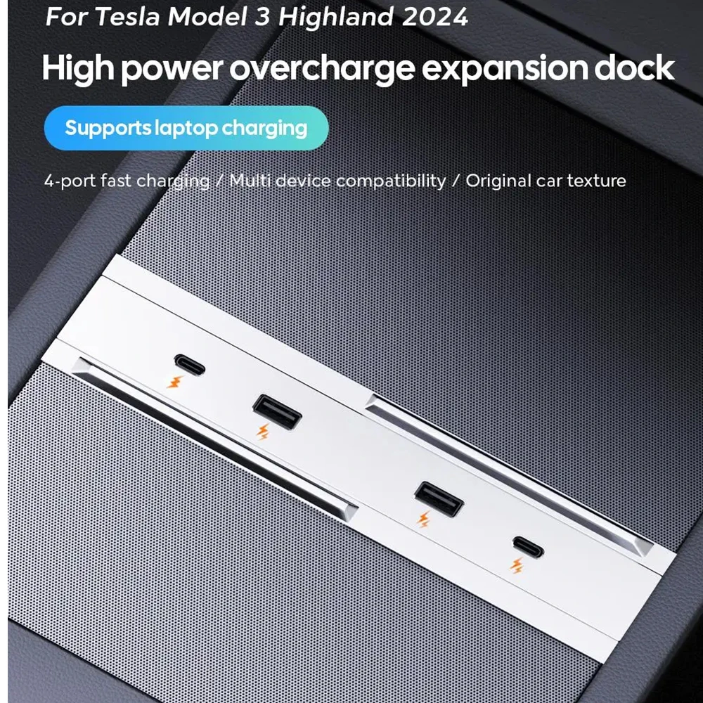 For Tesla Model 3+ Highland 2024 65W Expansion Dock Central Control Charging Shunt USB HUB Accessories Extender Fast Intelligent