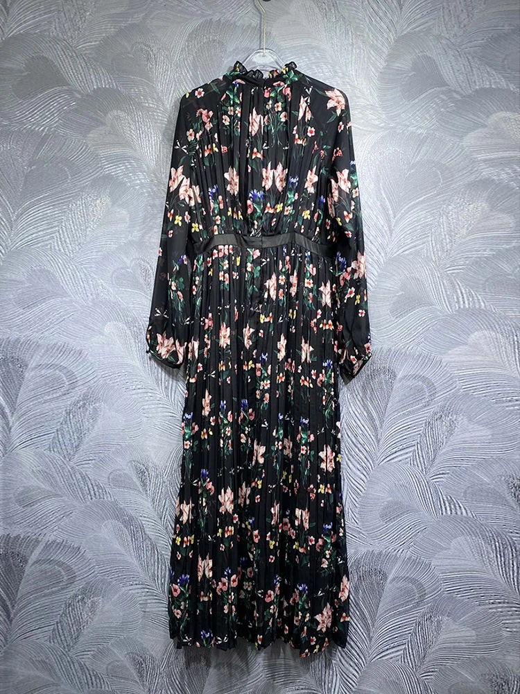 DLDENGHAN Autumn Long Dress Women\'s O-Neck Lantern Sleeve Bow Floral Print Vintage Pleated Dresses Fashion Designer New