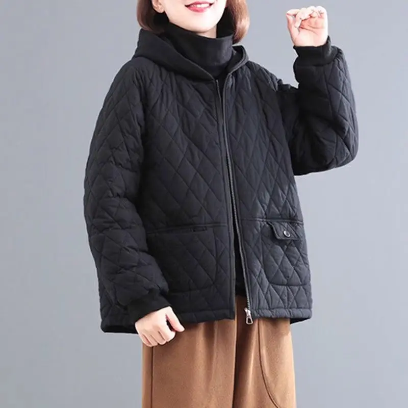 Casual Top Women\'s Large Size Loose Cotton Linen Short Coat Hooded Zipper Thickened Warm Quilted Jacket Autumn Winter Z3199