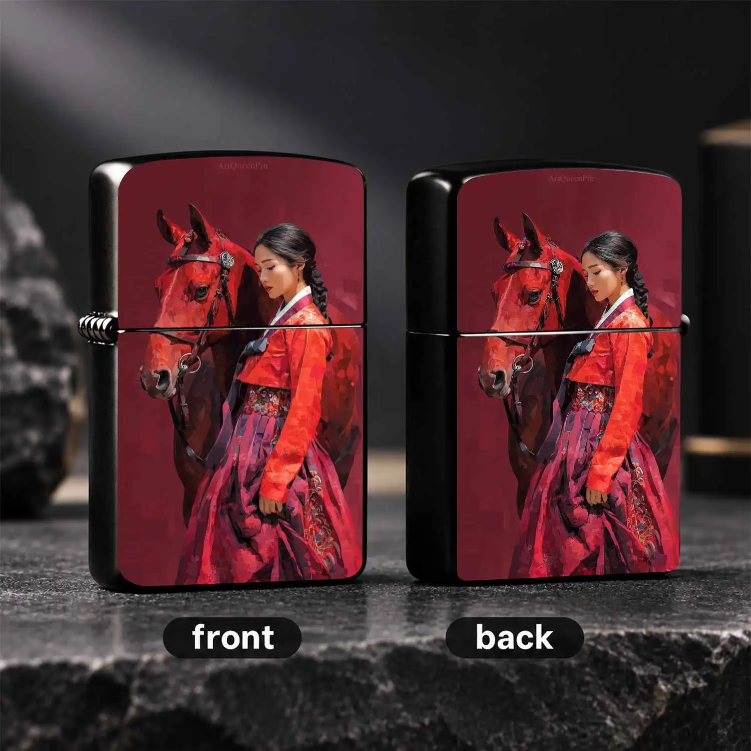 Exquisite Artistic Lighter With Oriental Vintage Painting Of Lady In Traditional Hanbok And Red Horse, Stylish High Aesthetic Portable Ignition Accessory, Perfect For Daily Use Outdoor Gatherings, Unique Present For Friends Family For A Hum