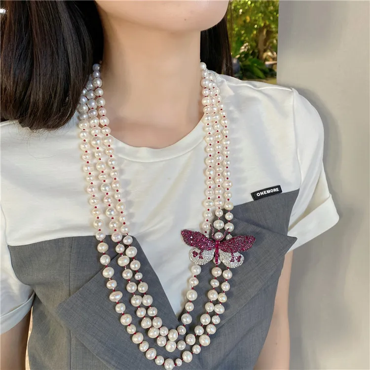 

30-32'' 3 Strands White Round Pearl Pink Butterfly Brooch ornament Long Necklace