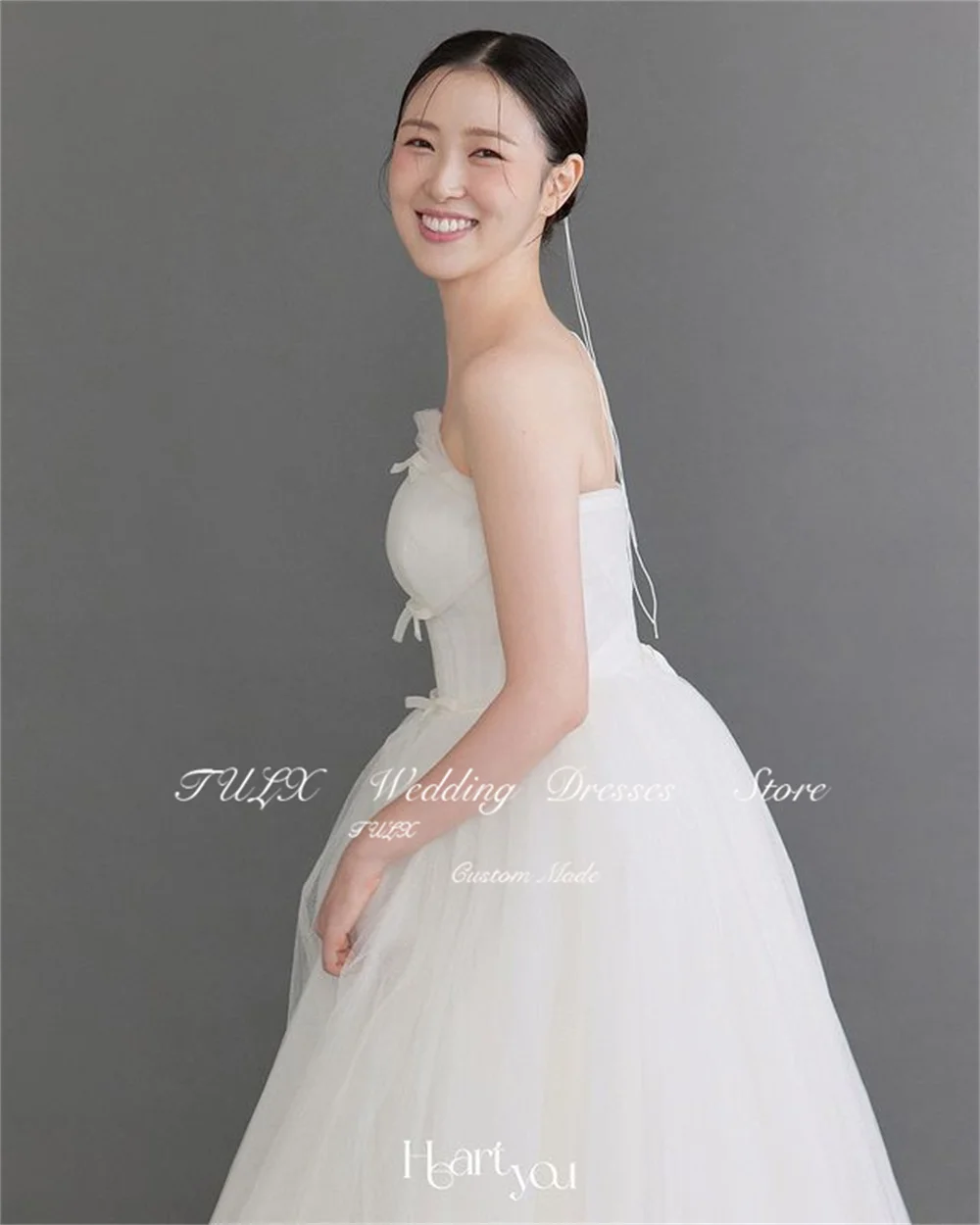TULX Elegante abito da sposa coreano in tulle a trapezio Servizio fotografico Abito da sposa con fiocco senza spalline Corsetto lungo fino al pavimento nne Dende Personalizzato