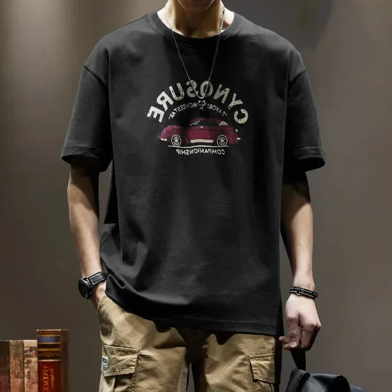 Cotton Heavy Duty Men's T-shirts Casual Trendy Korean Style Short Sleeve O-neck Printed T-shirts Male