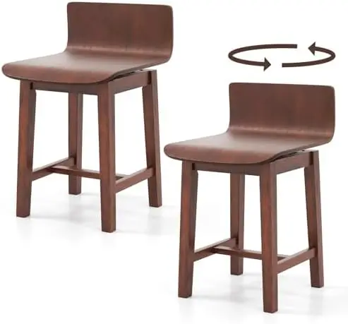 Swivel Solid Wood Dining Stools Set of 2, 19-inch Counter Height Chairs with Low Back, Footrest, Farmhouse Wooden