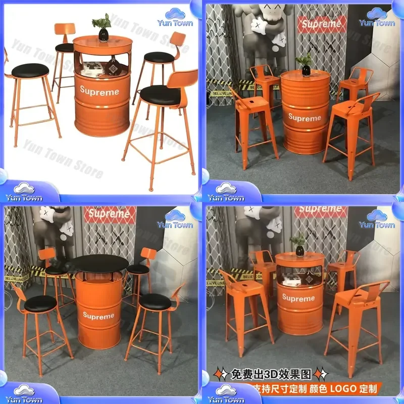 Industrial Wind Oil Drum Bar Stool for Outdoor Lounge Area Commercial Use Wrought Iron Table Seat for Patio Garden Cafe Decor