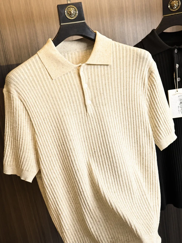 

Nordic Design Men's Neck Short Sleeve Knitted Shirt Summer Fashionable Versatile Skin-friendly Textured Weave American S...
