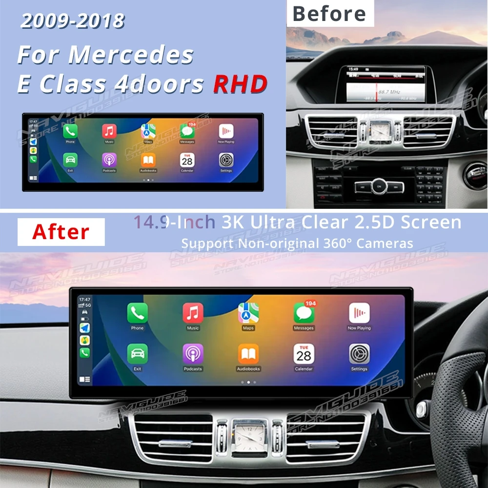 NAVIGUIDE 14.9'' Android13 For Mercedes E Class W212 RHD 2009-2018 Car Multimedia Player Wireless Carplay Auto GPS Navi Headunit