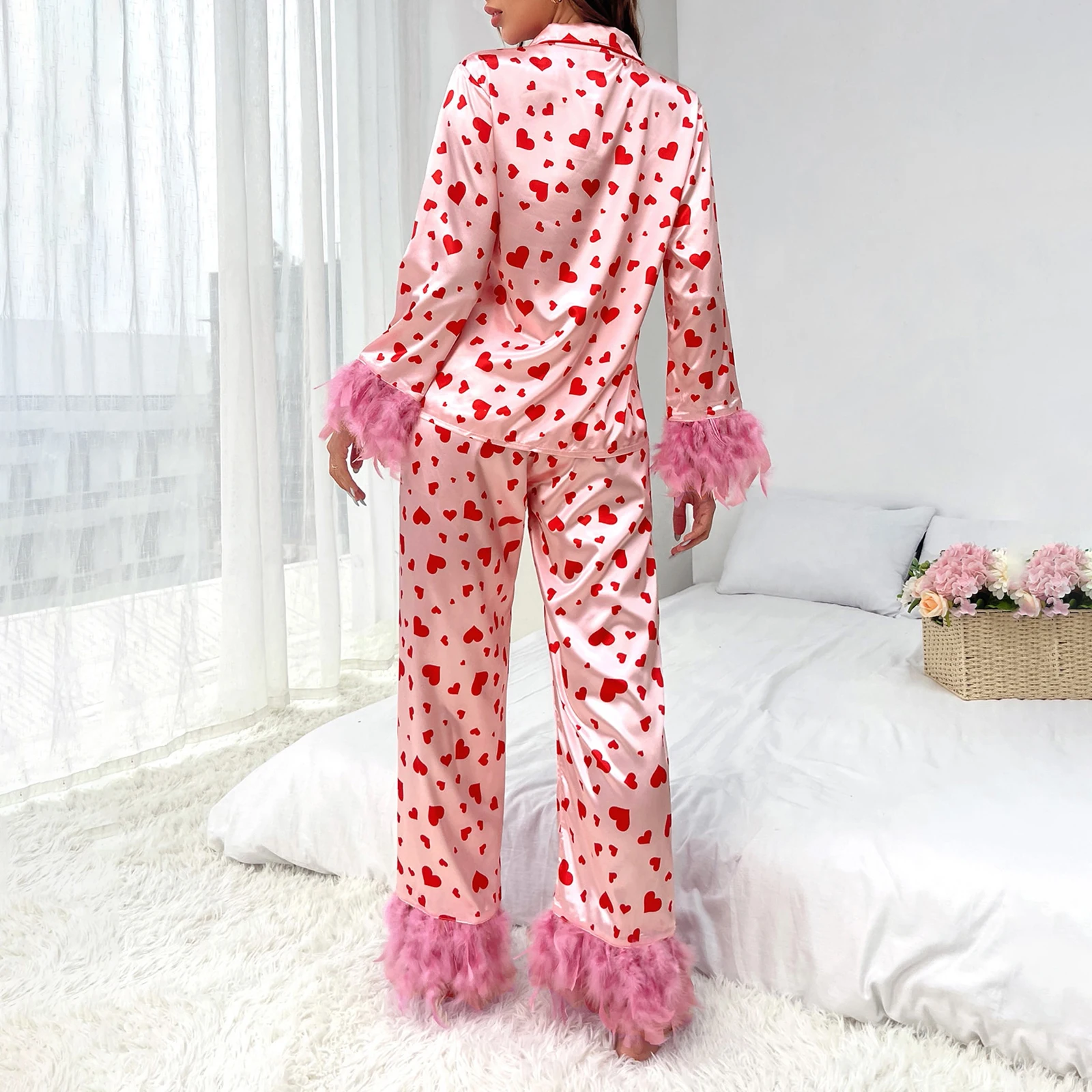 Women Satin Loungewear Set Heart Print Feather Cuff Long Sleeve Lapel Button Down Tops Pants Floral Home Suit Korean Pyjamas