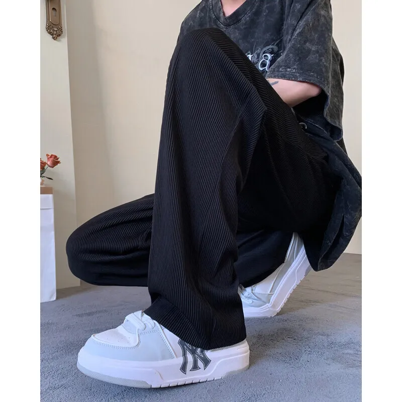 Summer Casual Pants Men Gray Black Wide Leg Pants Men Japanese Streetwear Loose Ice Silk Pants Mens Trousers Large Size 4XL