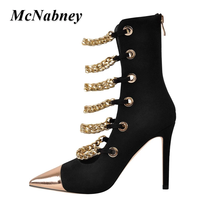 

Women Gold Metal Pointed Toe Ankle Boots New Sexy Cut-Out Chains Design Back Zipper Booties Thin High Heel Lady Shoes Plus Size