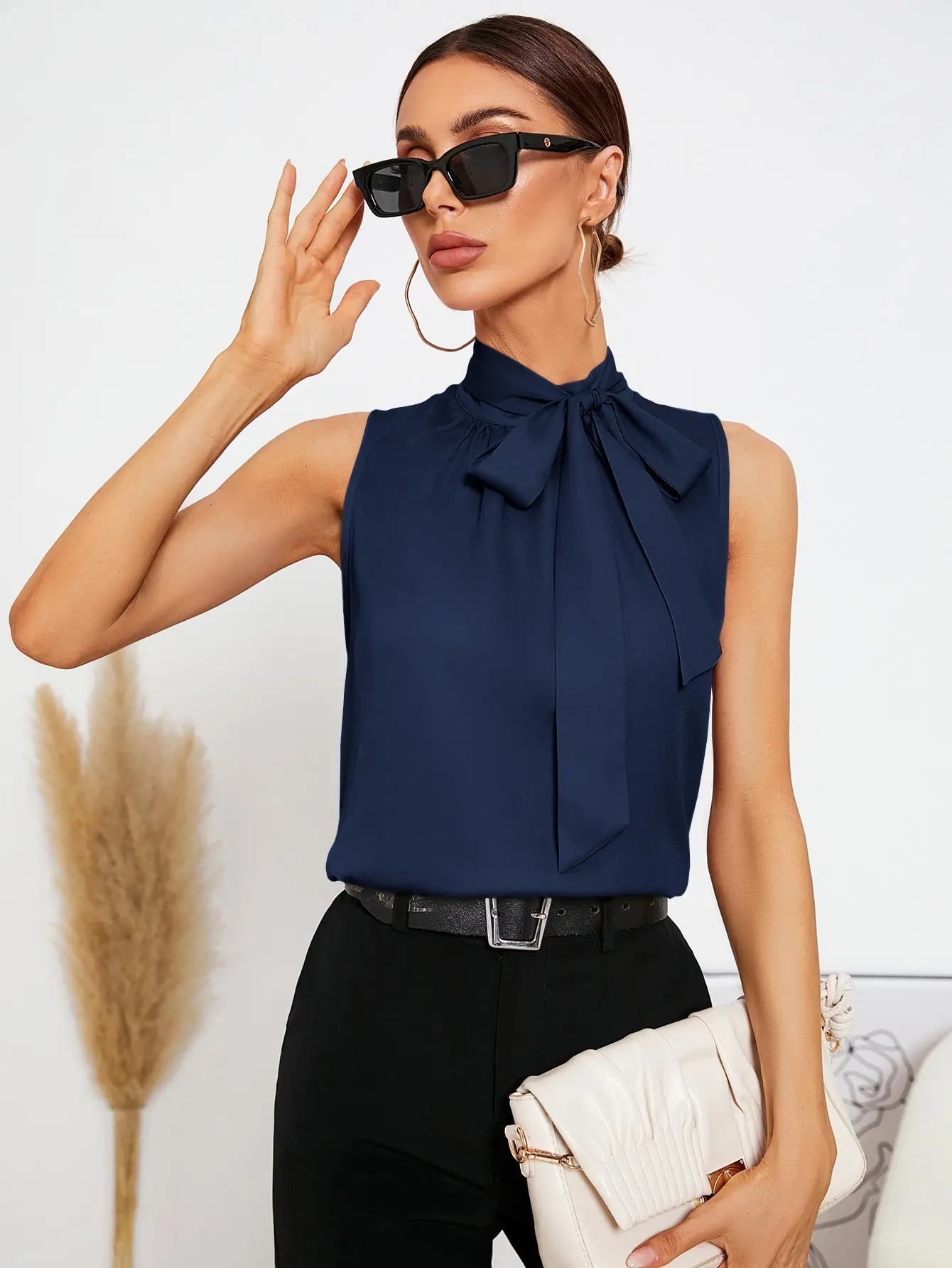 Women\'s Summer Navy Blue Sleeveless Shirt Top Tie Casual Fashion Design A-line Vest Strapless Neck Hanging