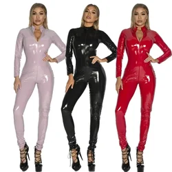 Combinaison en cuir verni brillant pour femme, entrejambe ouvert, dos de boîte de nuit, costume de batterie Look Wlwear, fermeture éclair PU, noir, rouge, rose, sexy, grande taille