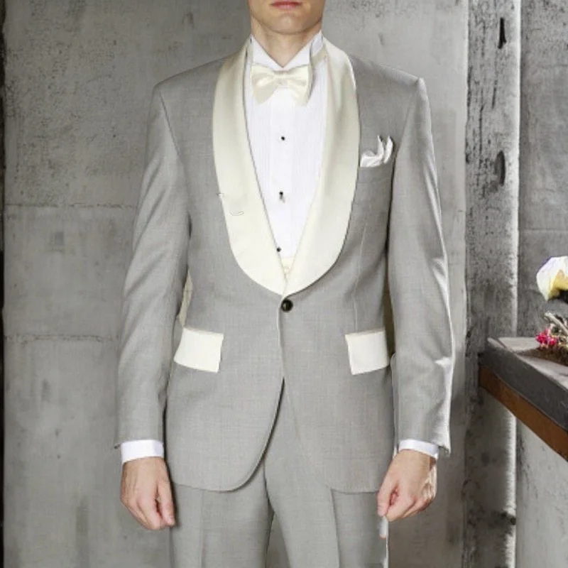 Costumes de mariage gris clair pour hommes avec revers châle ivoire, coupe couvertes, smoking, marié, meilleur homme, olympiques Terno, veste avec pantalon