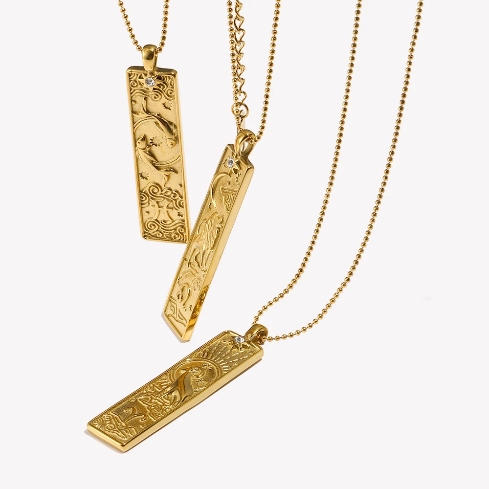 E.B.belle 18k Gold Plated Rectangle Shape 12 Constellation Pendant Necklace Stainless Steel Waterproof Fashion Women\'s Jewelry