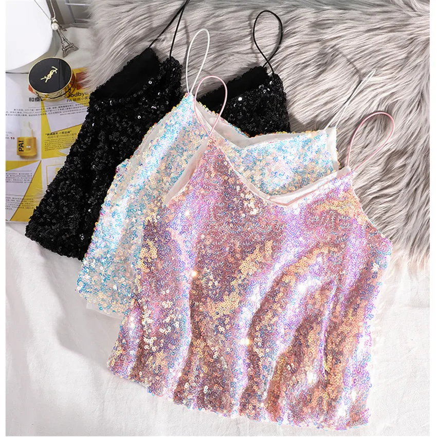 

2022 Fashion Sexy Women Sequined Vest Solid V-neck Tank Summer Outfits Lady Short Paragraph Sparkling Tanks Tops Bottomings 1821