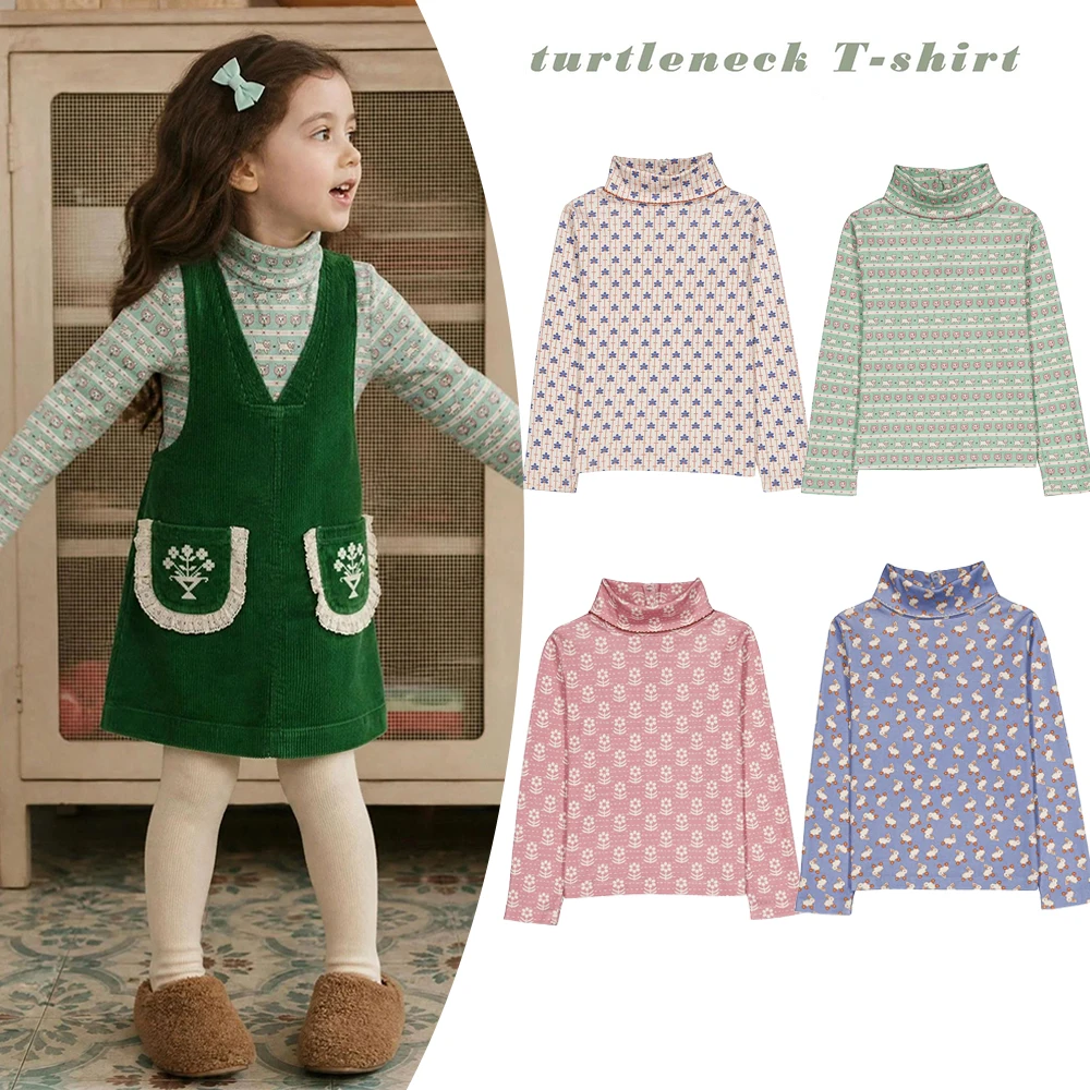 2026 HE New Autumn/Winter Girls Clothing Mid-High Neck T-shirt Cute Pastoral Style Printed Long Sleeve Undershirt Children Tops