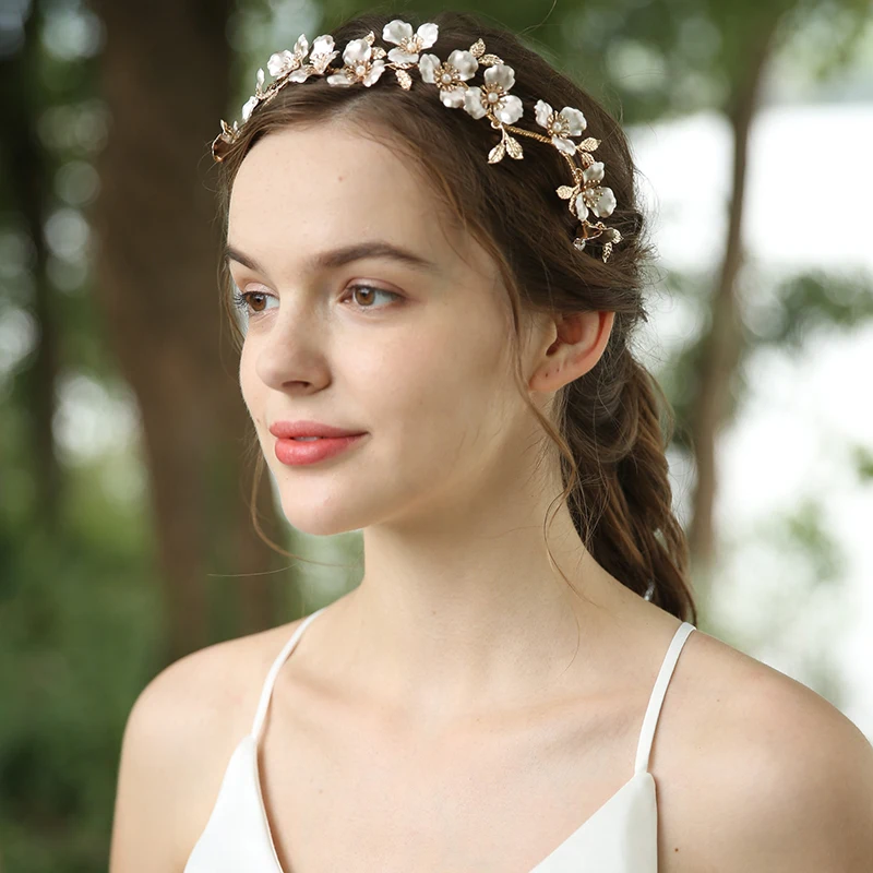 Boho Gold Color Floral Wedding Headband Bridal Hair Crown Leaf Headpiece Hand wired Women Hair Tiara Accessories