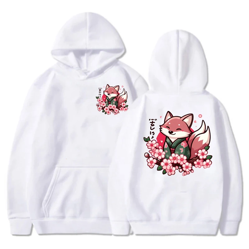 Woman Hoodie Sweatshirts Graphic Clothes Japanese Fox Cherry Blossom Flower Sakura Anime Aesthetic Pullover Sportwear Clothes