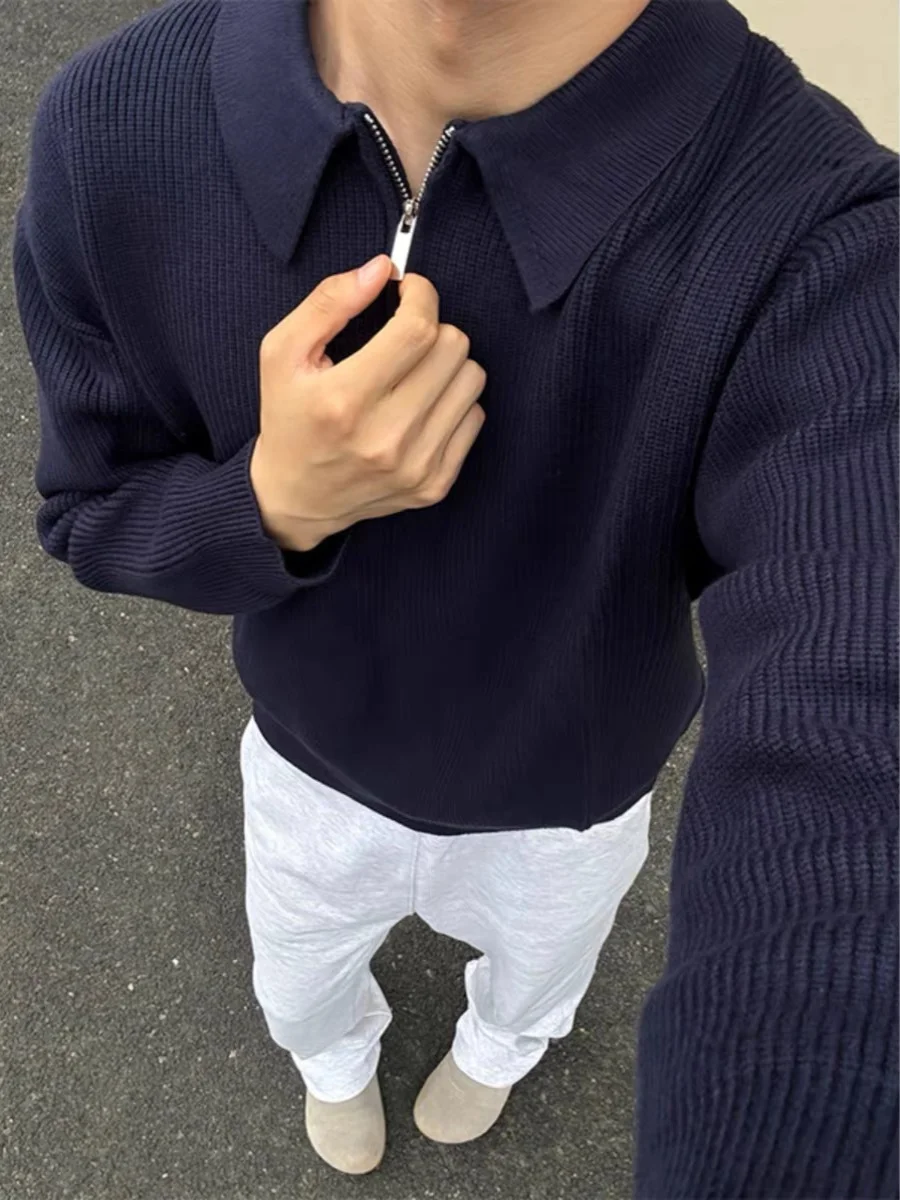 سترة رجالية محبوكة بنمط أمريكي شبه سحابي، ملابس تريكو بياقة بولو غير رسمية عتيقة للخريف والشتاء، لون أزرق غامق