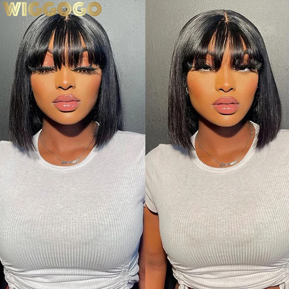 Wiggogo 3X1 Middle Part Lace Wig Bob Wigs Full Machine Made Bone Straight Human Hair Wigs With Bangs Short Bob Human Hair Wigs