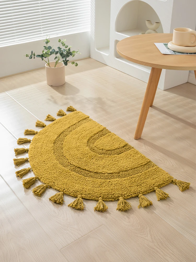 

Handmade Pure Cotton Tassel Floor Mat Semi-Circular Bedroom Door Mat Batoom Foot Mat Anti-Slip Mat hine Waable Home Use