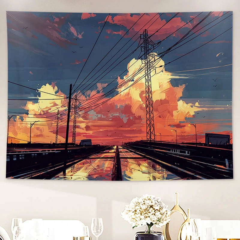 Evening Landscape Tapestry Night Sky Sunset Wall Hanging Cloth Rural Road Scenery Home Bedroom Decor Wall Blanket Tapestries