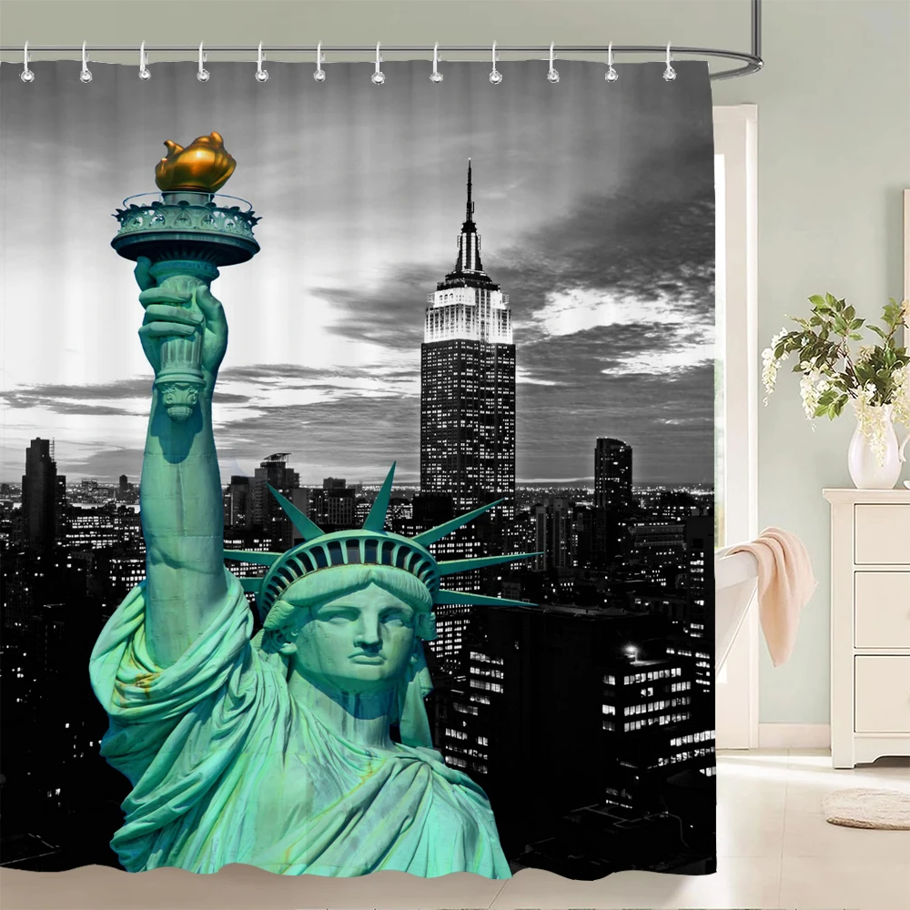 

Занавеска для душа с принтом «Статуя Свободы» в американском стиле, занавески для ванной комнаты, домашний декор, водонепроницаемая полиэфирная ткань с крючками