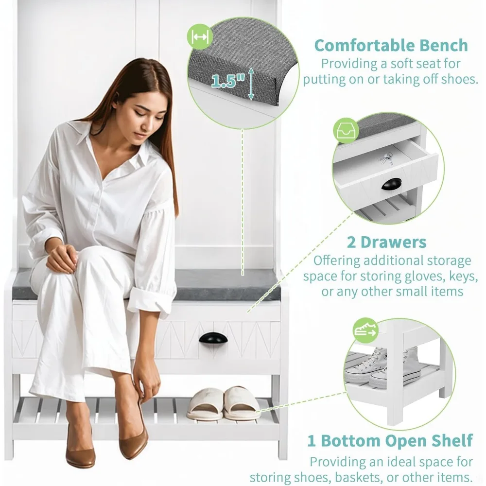 شجرة Merax الخشبية مع مقعد تخزين الأحذية للمدخل، رف معطف 4 في 1 مع 6 خطافات، خزائن وأرفف للمدخل، هال #4