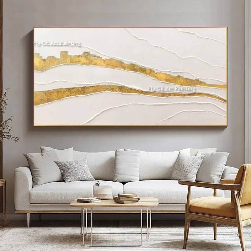 100% Hand-Painted Abstract Oil Painting, Impasto Gold Leaf Mountain Canvas Art, Horizontal Minimalist Living Room Wall Decor