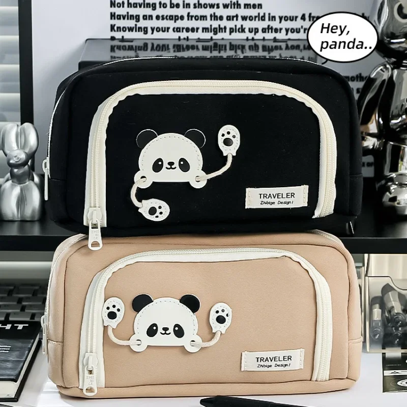 Imagem -02 - Cute Panda Estojos para Crianças Simplicidade Sólida Cor Série Lápis Bolsa para Estudante Alta Capacidade Papelaria Bolsa de Armazenamento pc