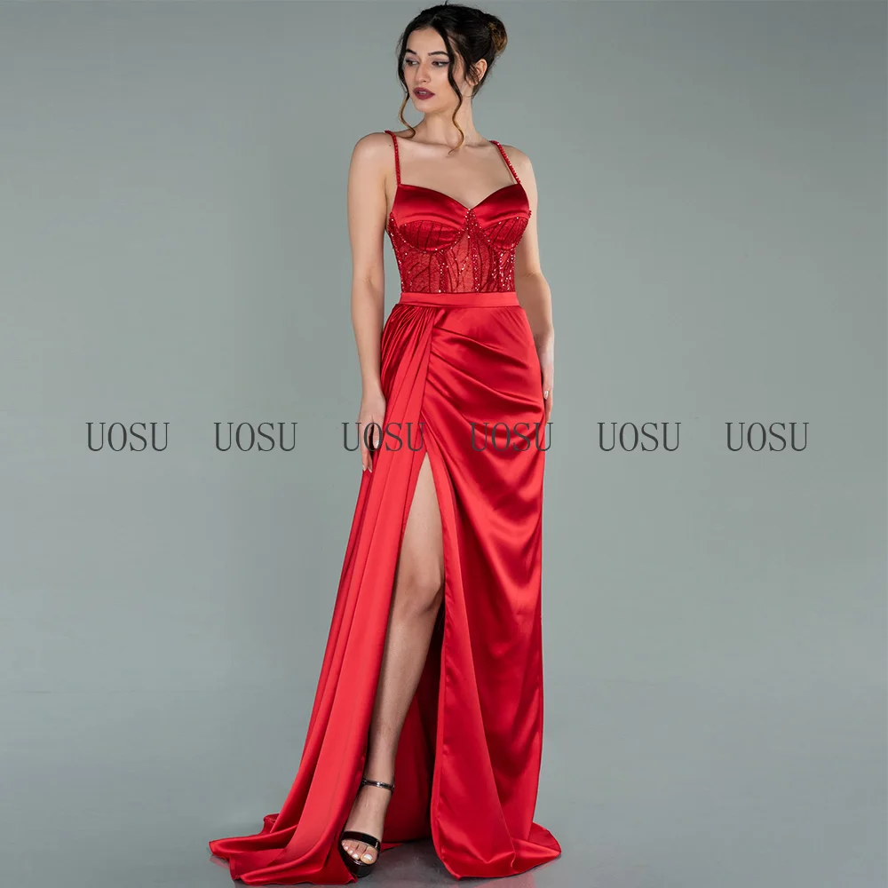 Satin Evening Dress 2022 Long Beaded Spagetti Straps Luxury Prom  Illusion Backless Lace Sequin Side Slit Sexy Party 