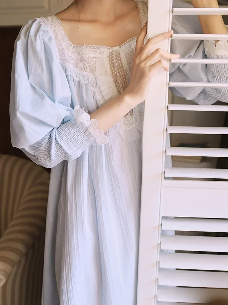 Women Pure Cotton French Fairy Pajama Nightdress Vintage Princess Long Sleeve Mesh Spring Autumn Victorian Nightgowns Sleepwear