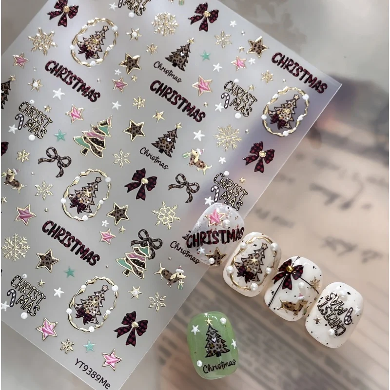 Metallic Leopard Print Christmas Tree Nail Stickers Bowknot Stars Letter Pattern Self-adhesive Winter Nail Decoration Decals DIY