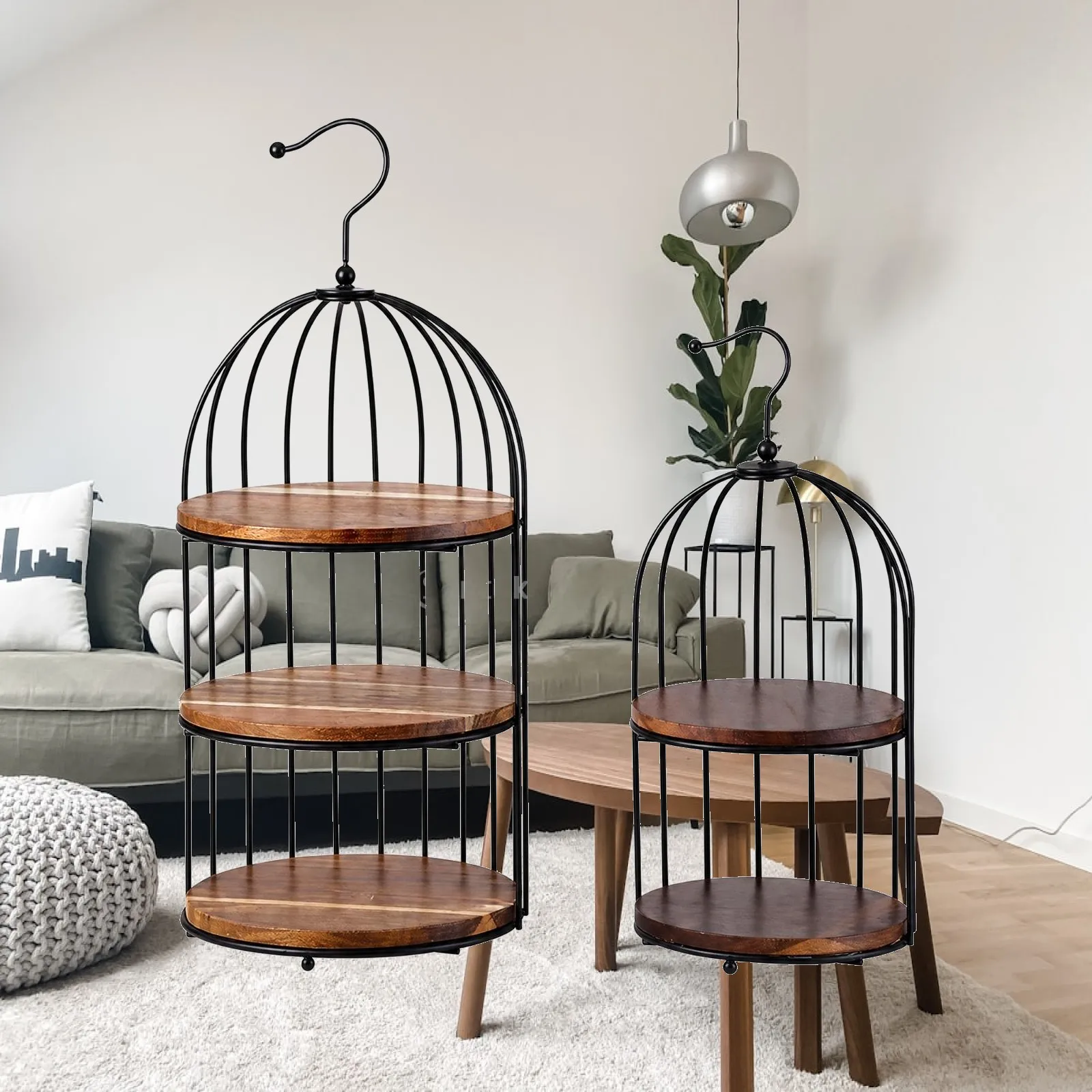 Rustic Wooden Cake Shelf Metal Birdcage Display Stand Freestanding Dessert Tray for Wedding Catering Buffet Table Centerpiece