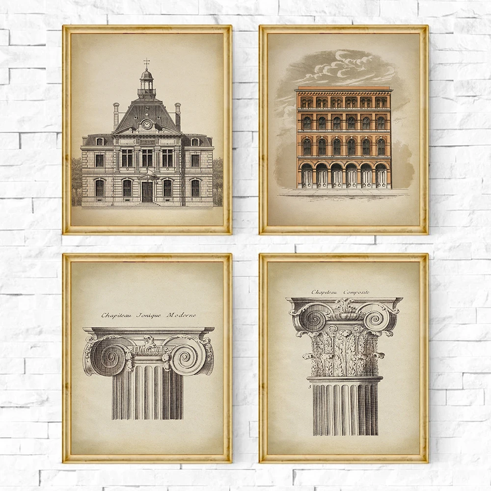 Vintage Europe Historical Architecture Church Castle Drawing Sketch Poster Canvas Painting Wall Art Pictures Home Room Decor