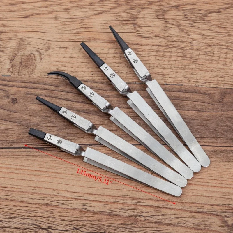 5 Pcs/set Ceramic Tweezers Set Reverse Ceramic Tweezers Heat Resistant Tweezers Anti-Static Tweezers for Lab