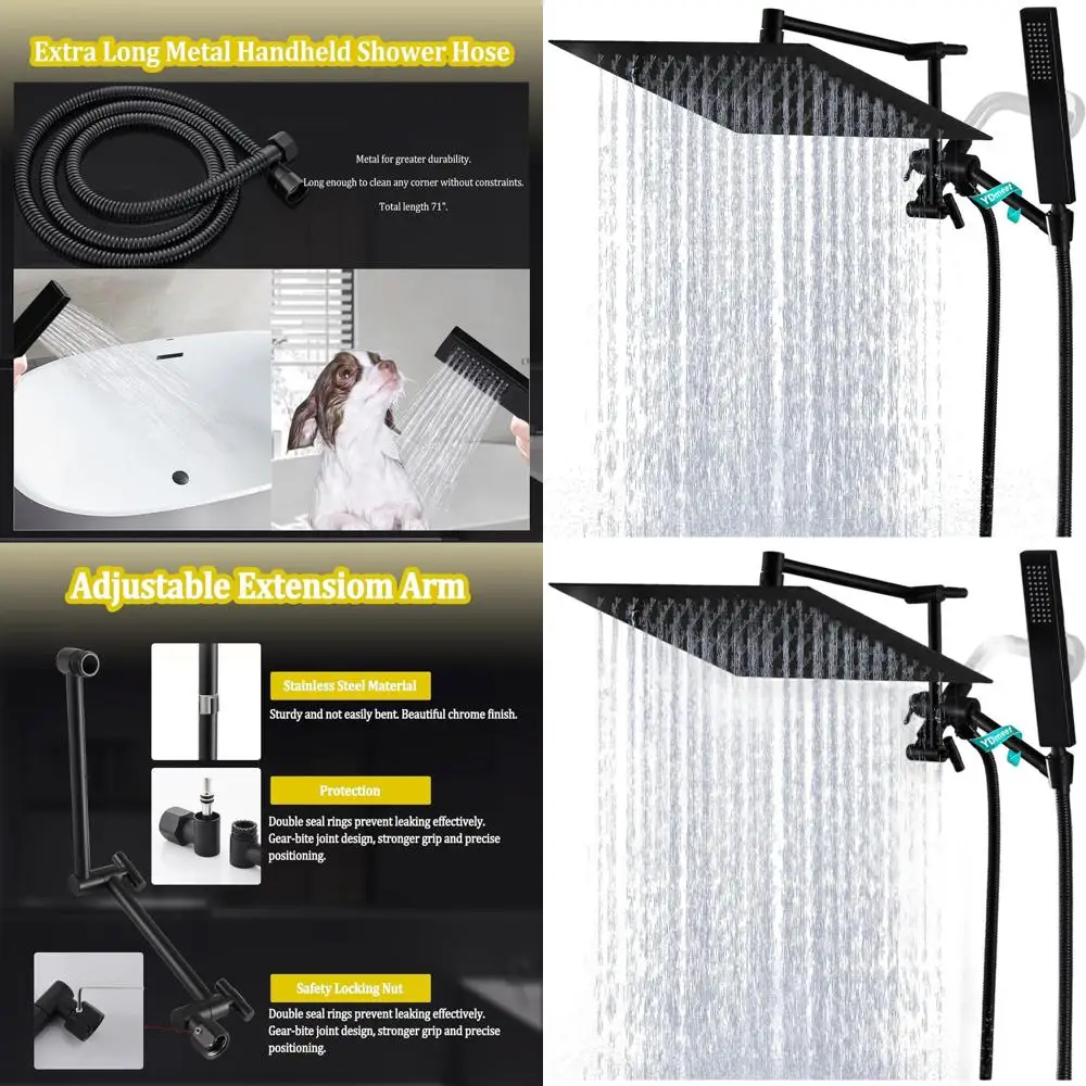 

12-функциональная матовая черная душевая система с функцией тропического душа, ручной лейкой, регулируемым удлиненным кронштейном, широкой двойной насадкой и удлиненным шлангом