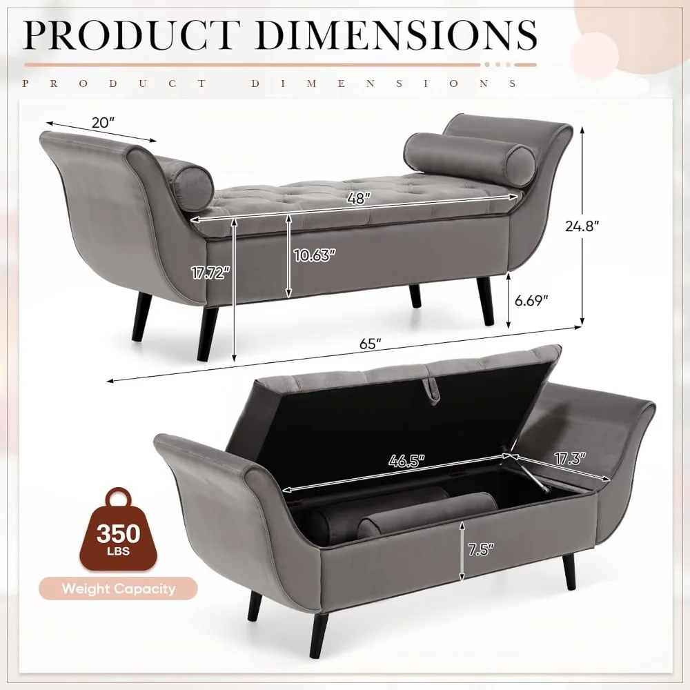 مقعد تخزين معنقدة مخملية فاخرة لسرير بحجم كينج، مقعد نافذة داخلي مريح مقاس 65 بوصة #2