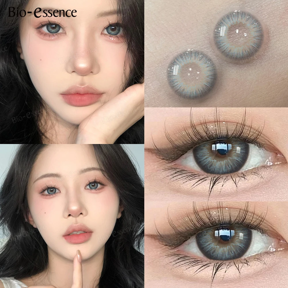 Bio-essence Gray Colored Contact Lenses with Degree 0~-6.00 Myopia Lenses Natural Eye Contact Prescription Lenses Fashion Lenses