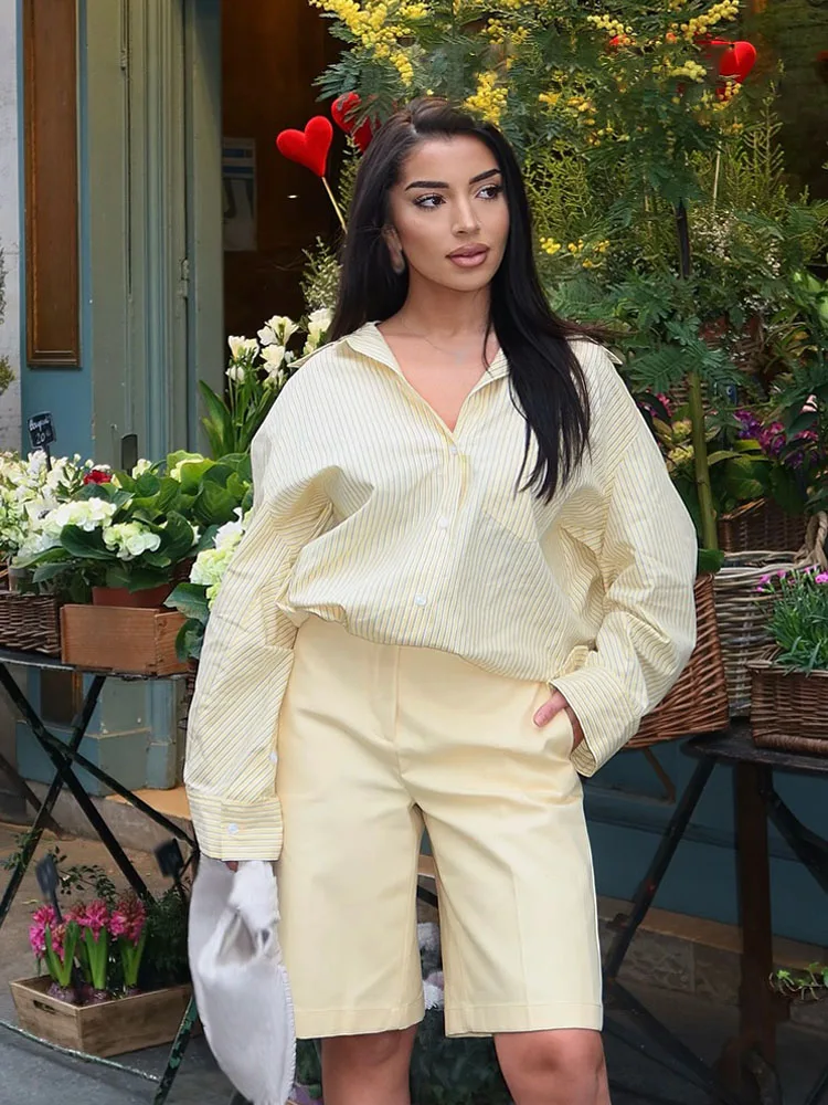 

HH Весенняя женская элегантная пригородная рубашка, свободная однобортная блузка в полоску с лацканами, женский повседневный топ с длинными рукавами