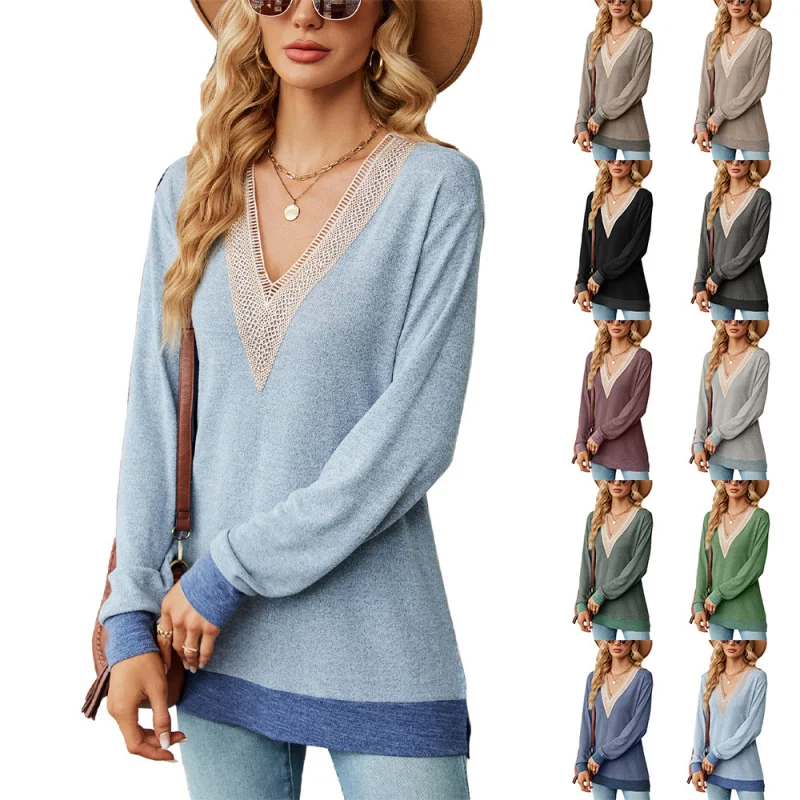 

Popular2025European and American New Arrival Hot Sale Autumn and Winter LaceVCollar Contrast Color Slit Loose Long SleeveTWomen'