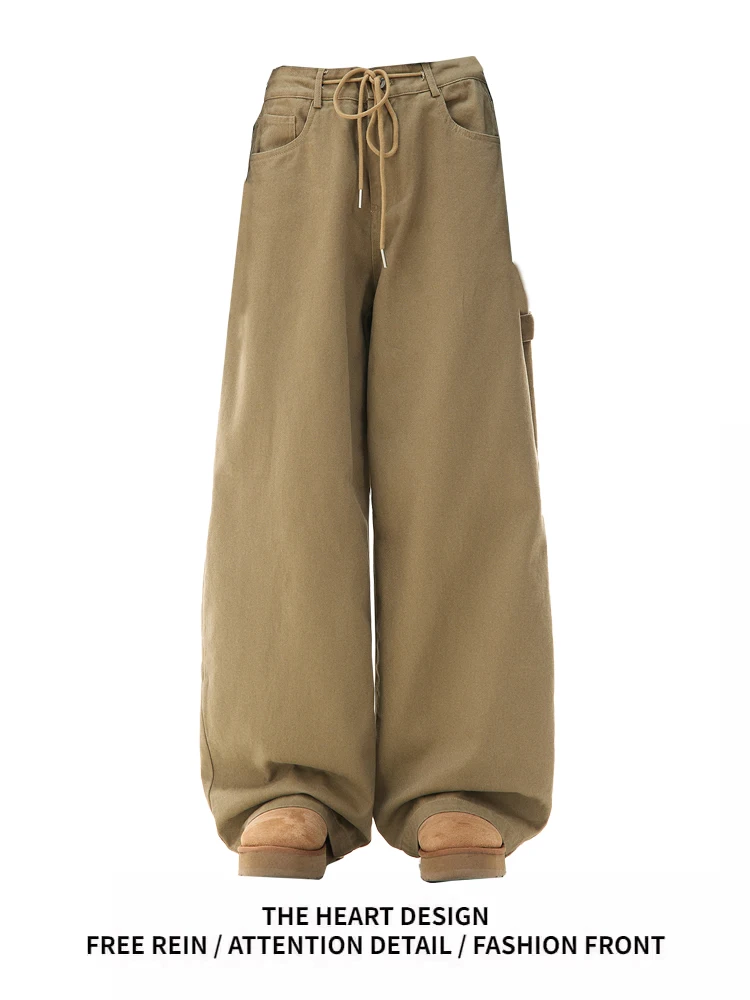 

American Retro Khaki Straight Leg Jeans Women High Waist Loose Wide Leg Floor Length Pants Casual Wear All Seasons