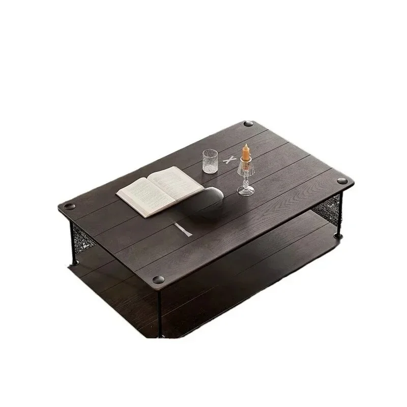 Yjq Oak Double Rectangular Solid Wood Tea Table Golden and Black Vintage Cast Iron Craft Expression Furniture