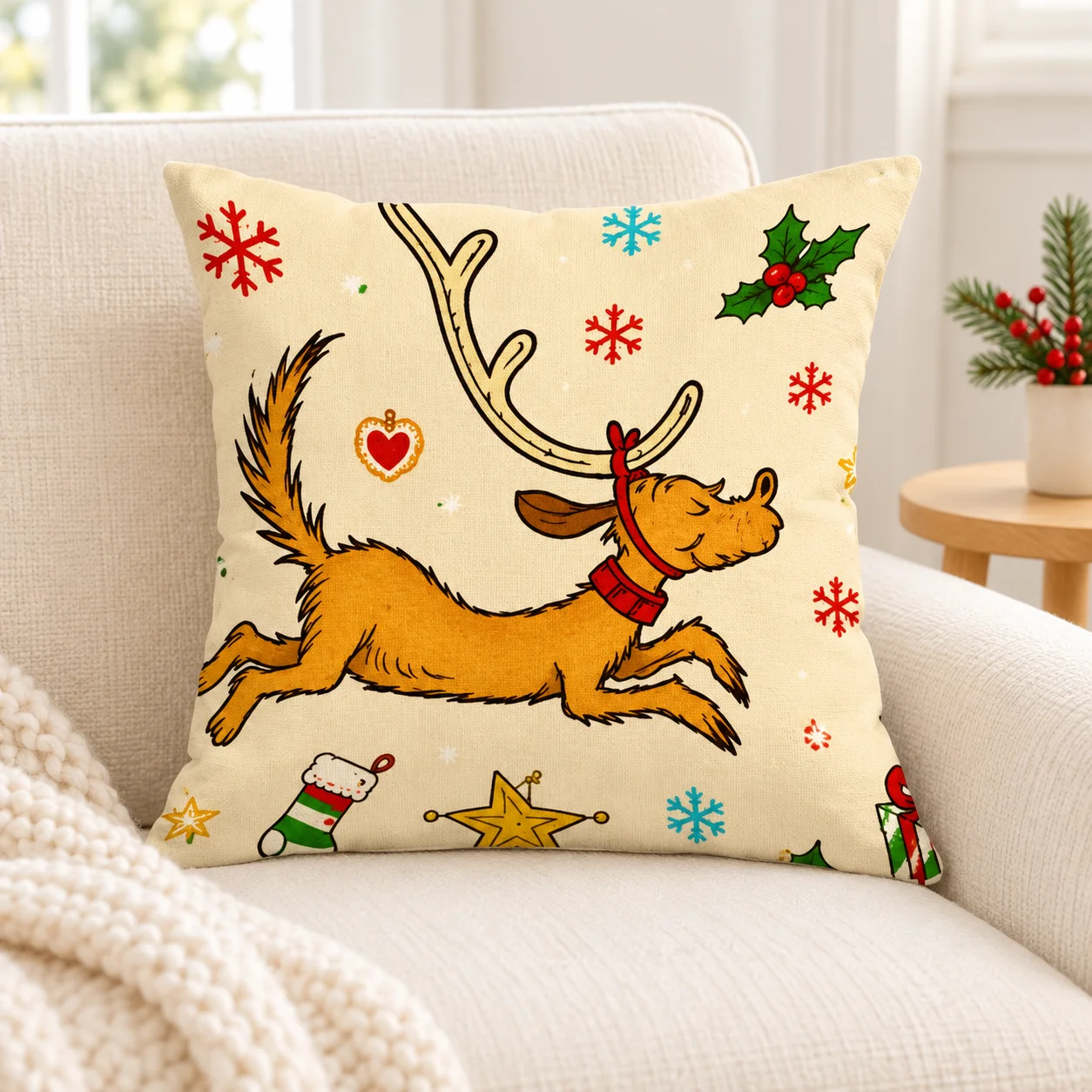 Christmas Throw Pillow Covers, 2D Flat Double Sided Print, Reindeer Dog, Lighted Dog, Girl & Xmas Tree Design, Holiday Cushion