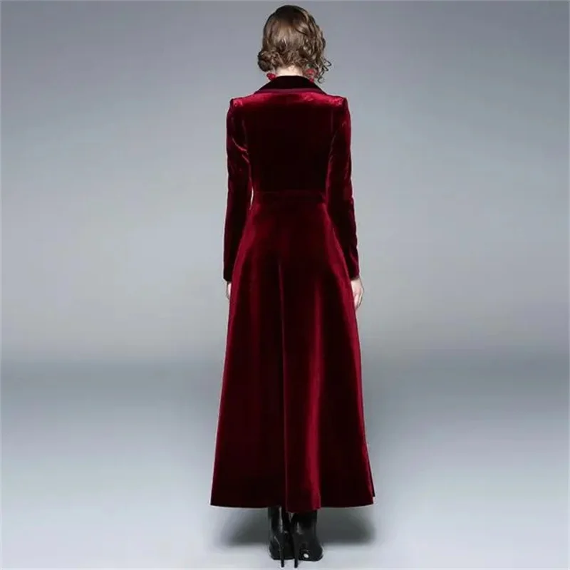 Golden Velvet Long Windbreaker Coat  Women Autumn/Winter New Style High End Temperament Trench Female Elegant Long Overcoat