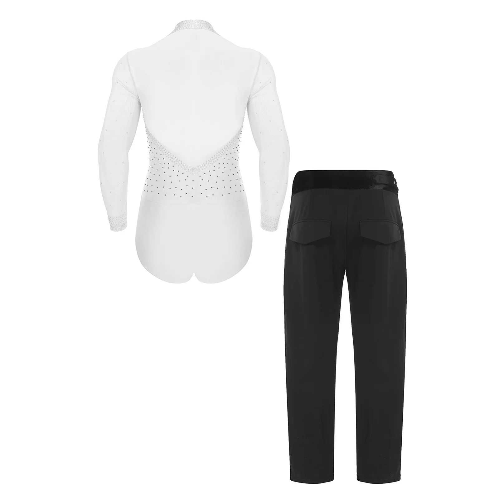 メンズ ツーピース リリカル ラテン タンゴ ダンス衣装 シアーメッシュ スパンコール ボディスーツとロングパンツセット ワルツ サルサ ダンスコスチューム用