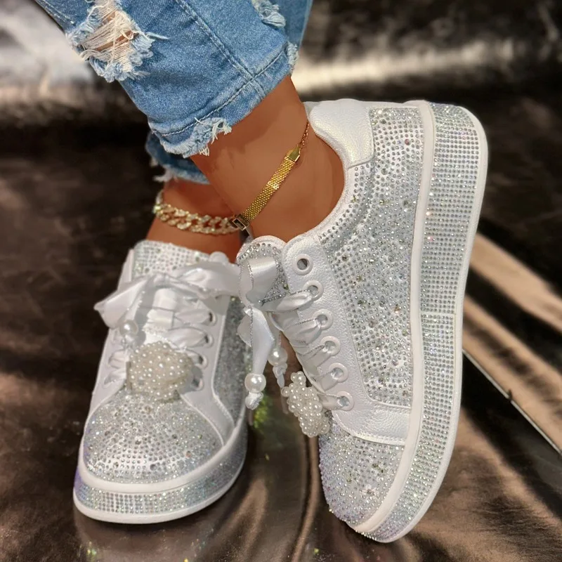 Women's Platform Shoes Shine Casual Outdoor Blingbling Design Skateboard Breathable White Sneakers Tennis Sport Shoes Female 43