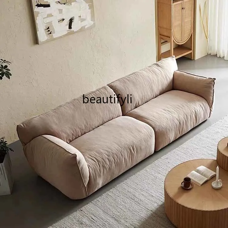 Wabi-Sabi Style Linen Fabric Sofa, Removable and Washable, Three-Seater Cotton Linen Straight Row Down Sofa for Living Room