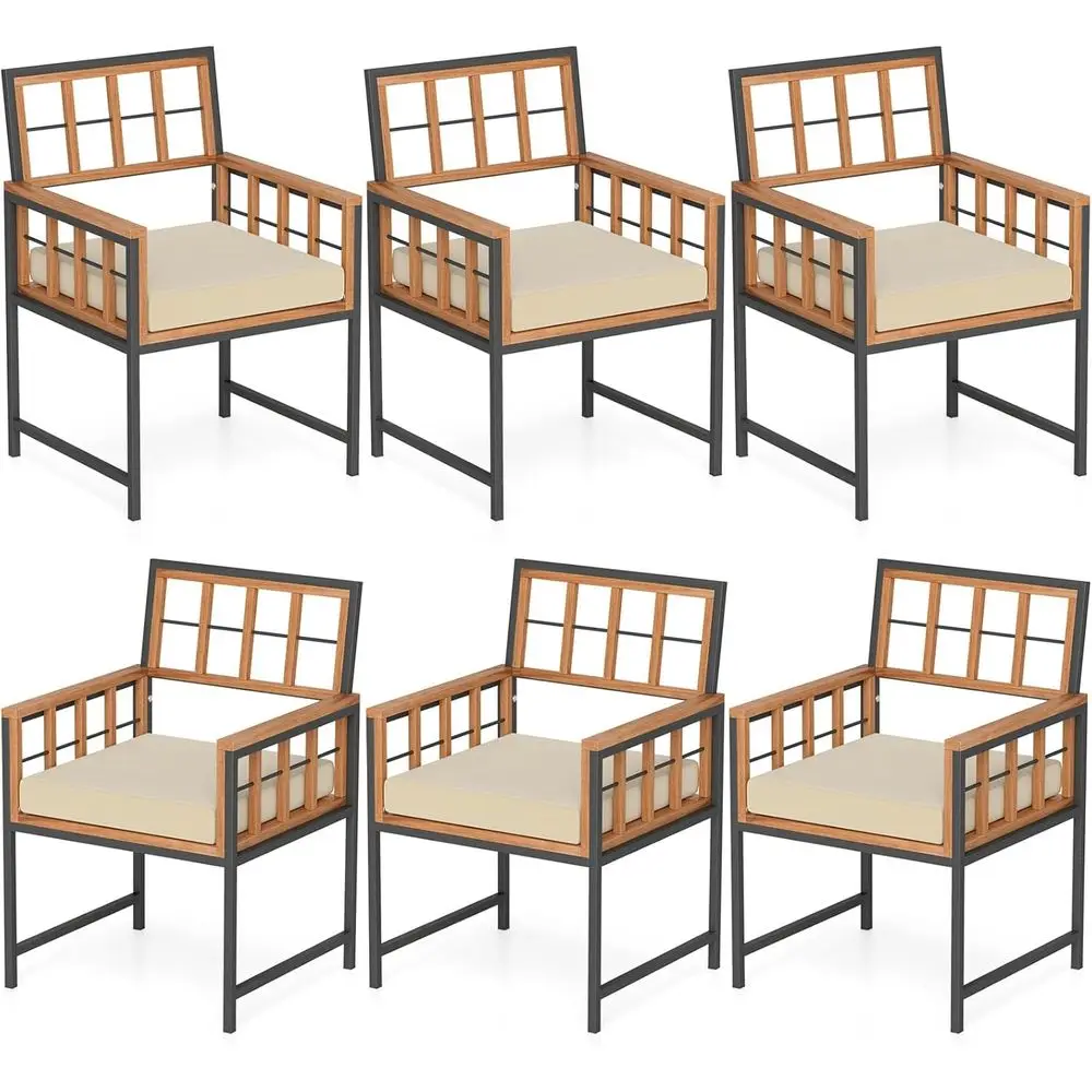 

Обеденный набор для патио из акации, 6 предметов, с подушками, металлический каркас, грузоподъемность до 400 фунтов, подходит для сада и заднего двора (бежевый)